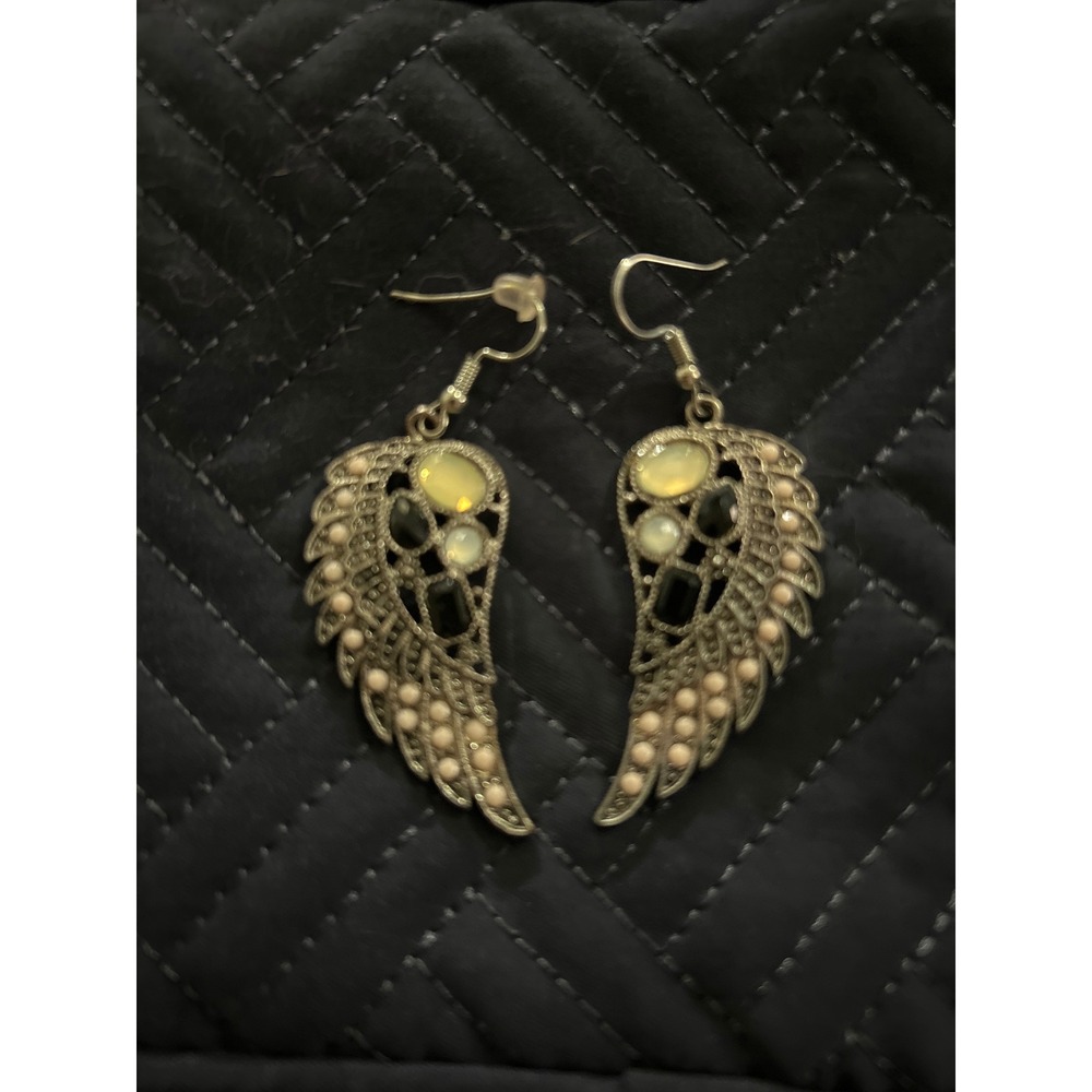 Wing Earrings Gold Tone Yellow Black and White Gemstone Drop‎ Dangle